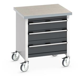 Bott Cubio Mobile Storage Workbench 750mm wide x 750mm Deep x 840mm high supplied with a Linoleum worktop (particle board core with grey linoleum surface and plastic edgebanding) and 3 integral drawers (2 x 150mm & 1 x 200mm high).... 750mm Wide Moveable Engineers Storage Bench with drawers and Cabinets